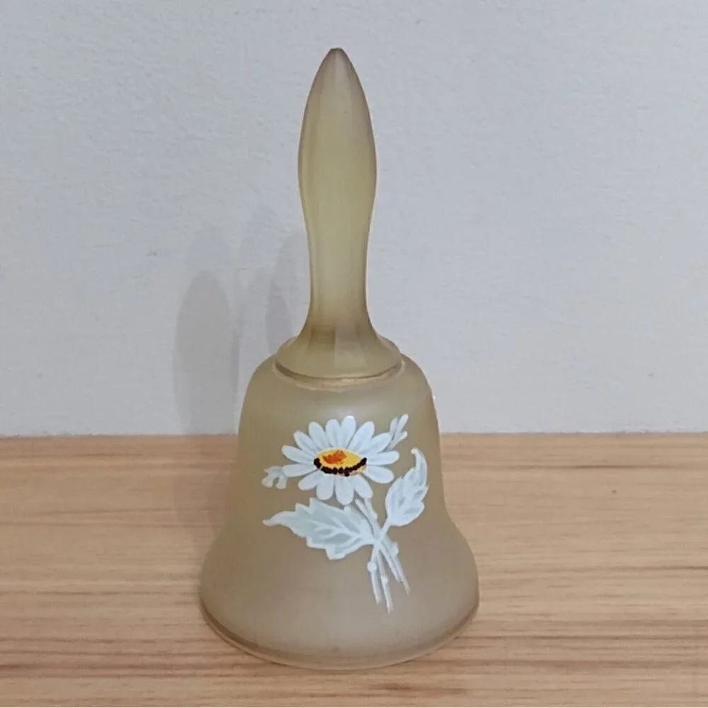 Vintage Westmoreland Yellow Satin Glass Bell Hand Painted Floral Flower Daisy